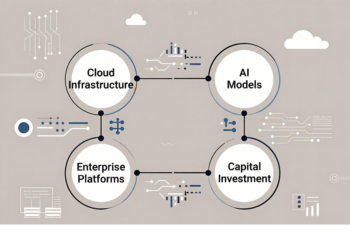 Neutral corporate color palette with subtle technological motifs, abstract data flows, and cloud icons. No brand logos. Editorial, professional style.