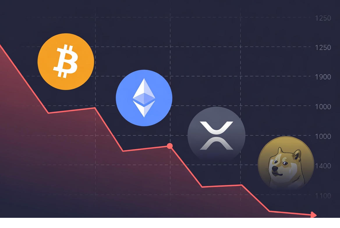 Bitcoin, Ethereum, XRP, and Dogecoin icons appear fading or descending along a red market graph. Background is dark blue with subtle financial grid lines, conveying market volatility and investor caution. Clean, editorial, fintech aesthetic.
