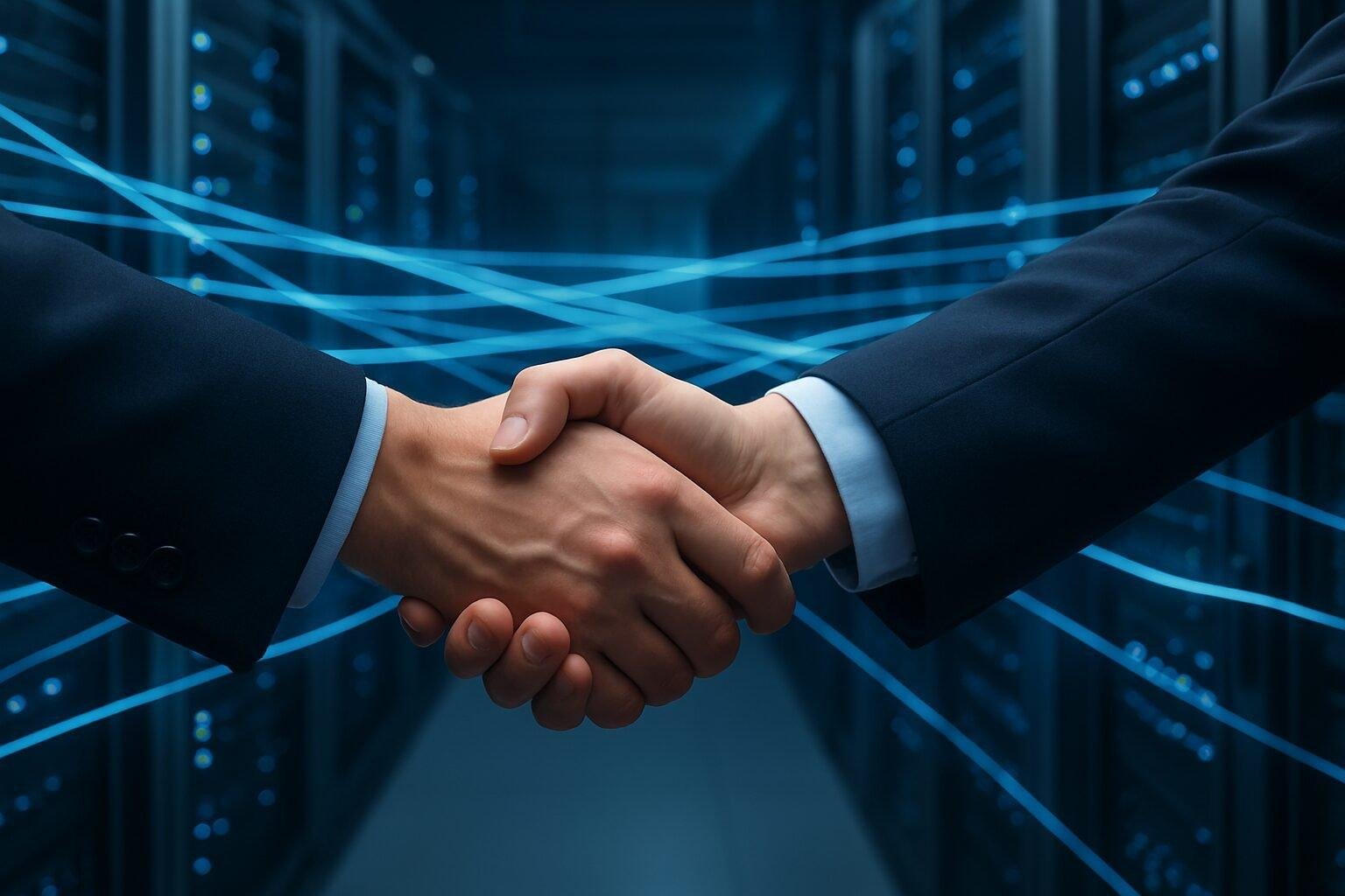 Editorial illustration of business partnership handshake with AI-infused digital network and enterprise servers symbolizing Accenture–Anthropic integration.