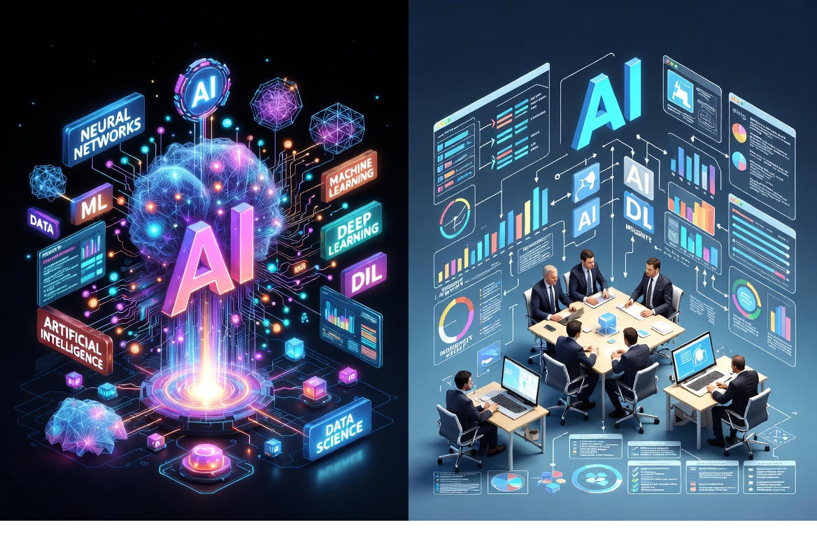 A split-scene illustration showing the contrast between abstract AI hype and real-world enterprise execution.
