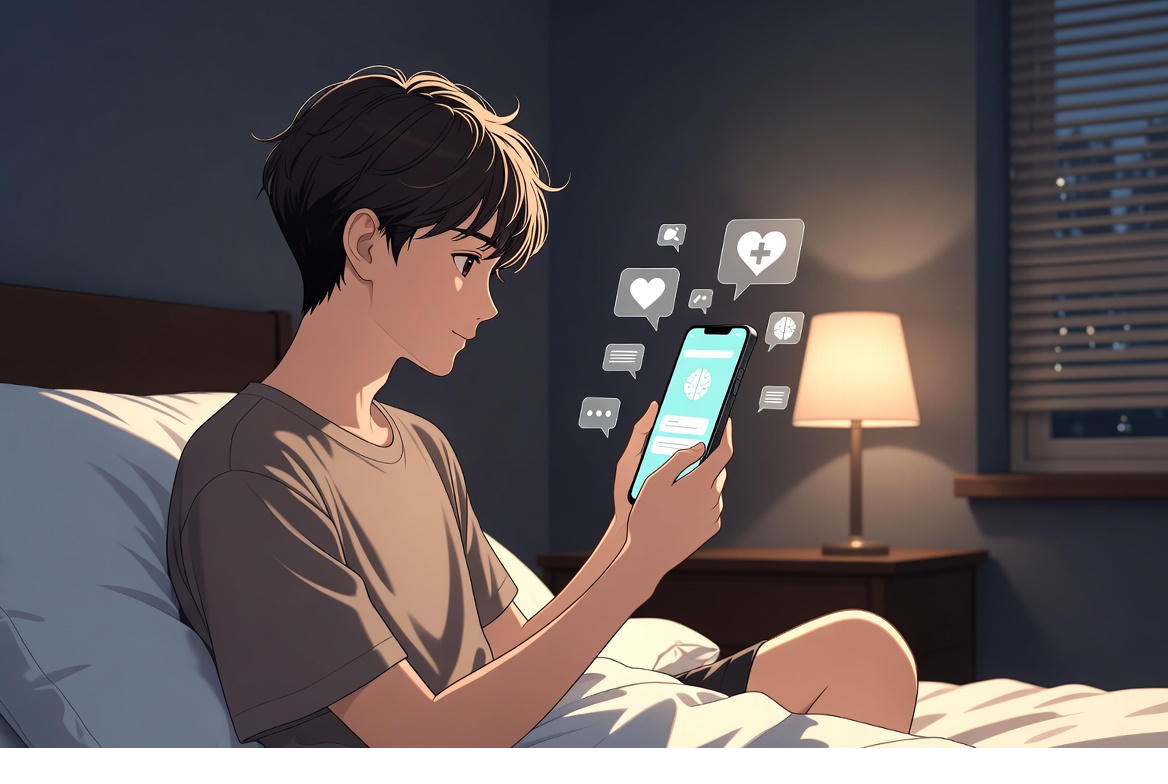 A clean, modern vector-style illustration showing a young adult sitting on a bed at night, holding a smartphone with a conversational AI health chatbot interface visible on the screen.