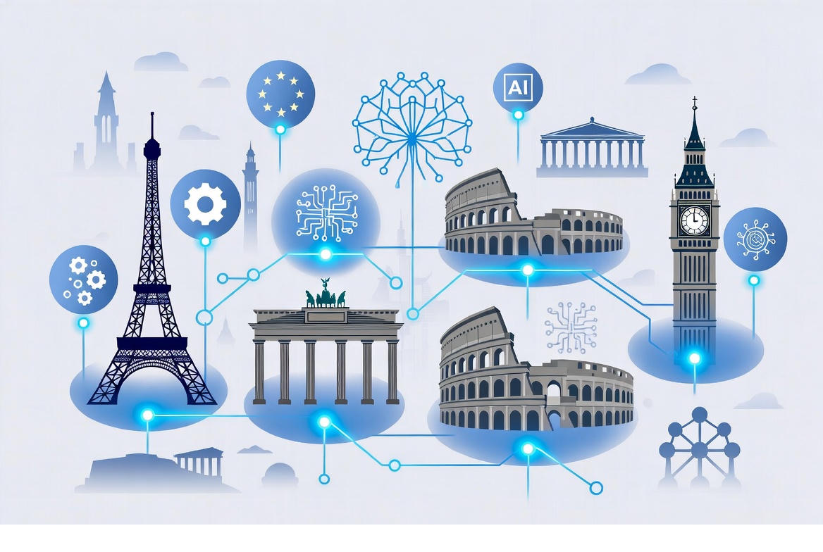 A clean, vector-style illustration showing interconnected European landmarks linked by abstract AI nodes and neural network lines, symbolizing generative AI adoption across EU member states.