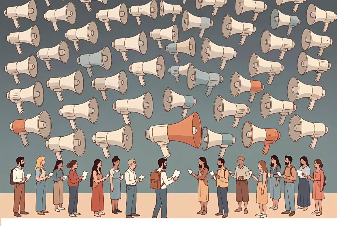 A minimalist editorial illustration showing a crowded digital landscape filled with identical robotic megaphones broadcasting the same message, while a single human figure communicates directly with a small audience through handwritten notes and face-to-face interaction.