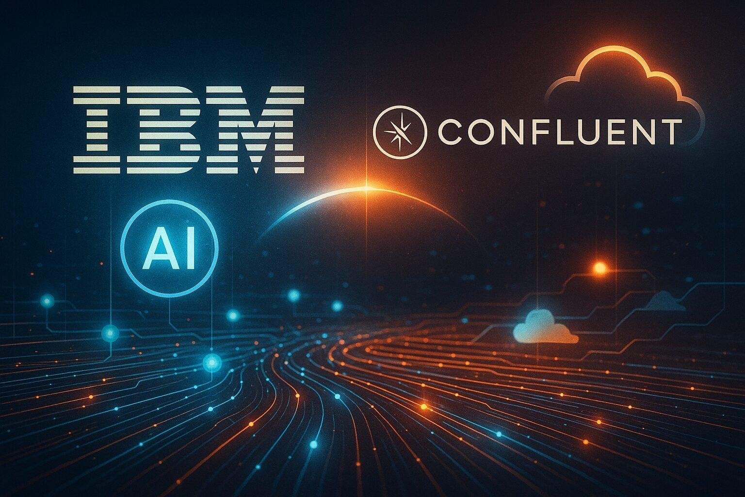 Image of IBM and Confluent merging over AI-powered data streams, representing $11B acquisition for hybrid cloud and AI growth.