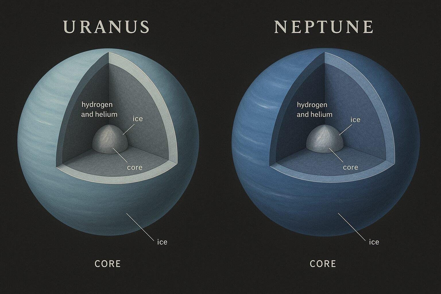 Illustration showing possible internal structures beneath Uranus and Neptune’s blue atmospheres.