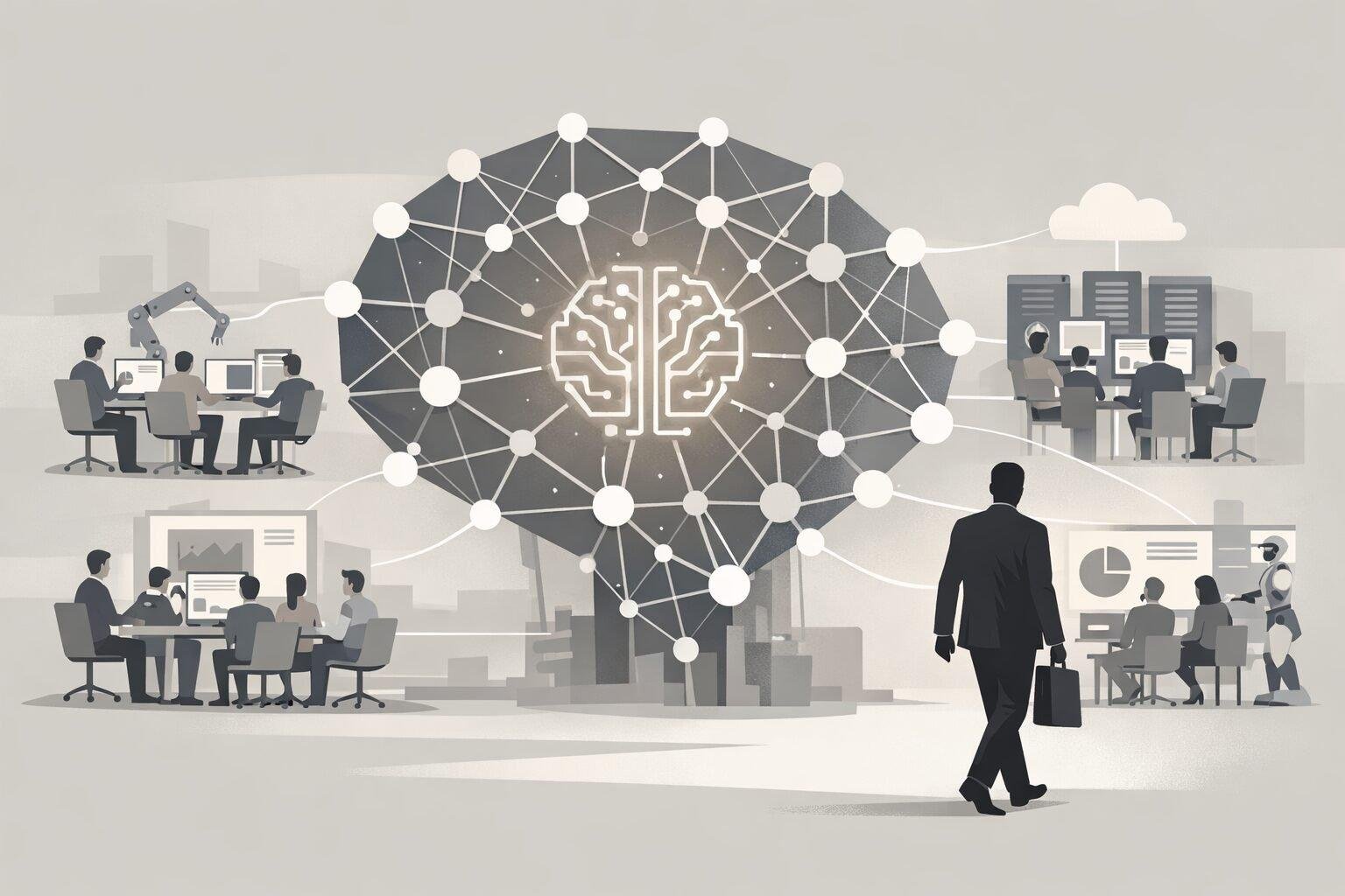 A modern, minimalistic illustration showing a large abstract AI neural network structure with a silhouetted executive figure stepping away, while multiple interconnected teams and systems continue operating independently.