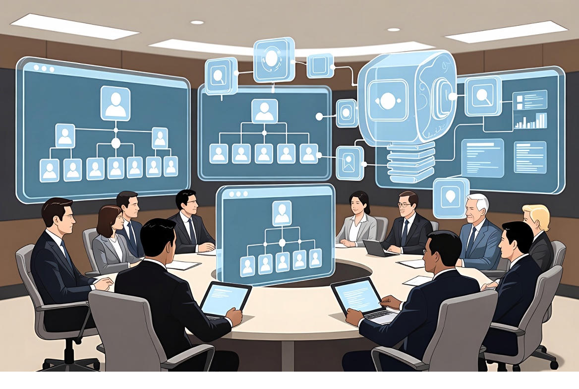 Enterprise boardroom environment with human executives collaborating alongside transparent, abstract AI agent interfaces represented as modular nodes and workflow diagrams.