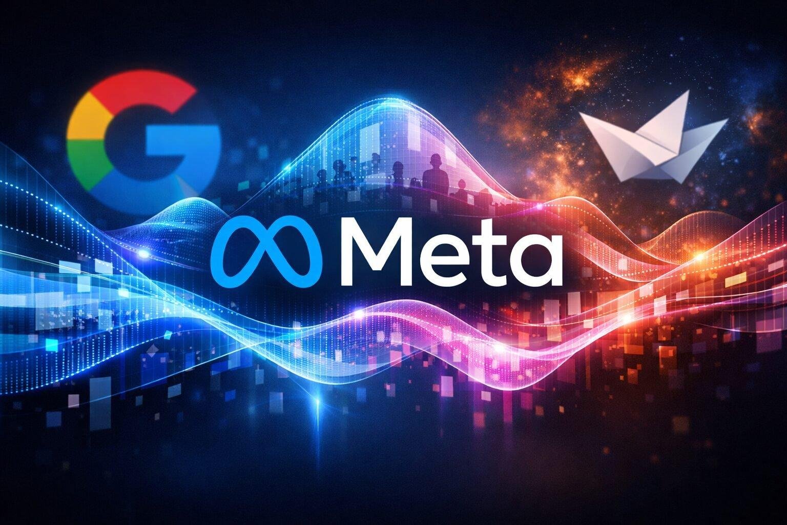 A cinematic editorial illustration of the Meta logo emerging from flowing streams of AI-generated video frames, with abstract representations of Google and OpenAI in the background, symbolizing competition in generative AI video.