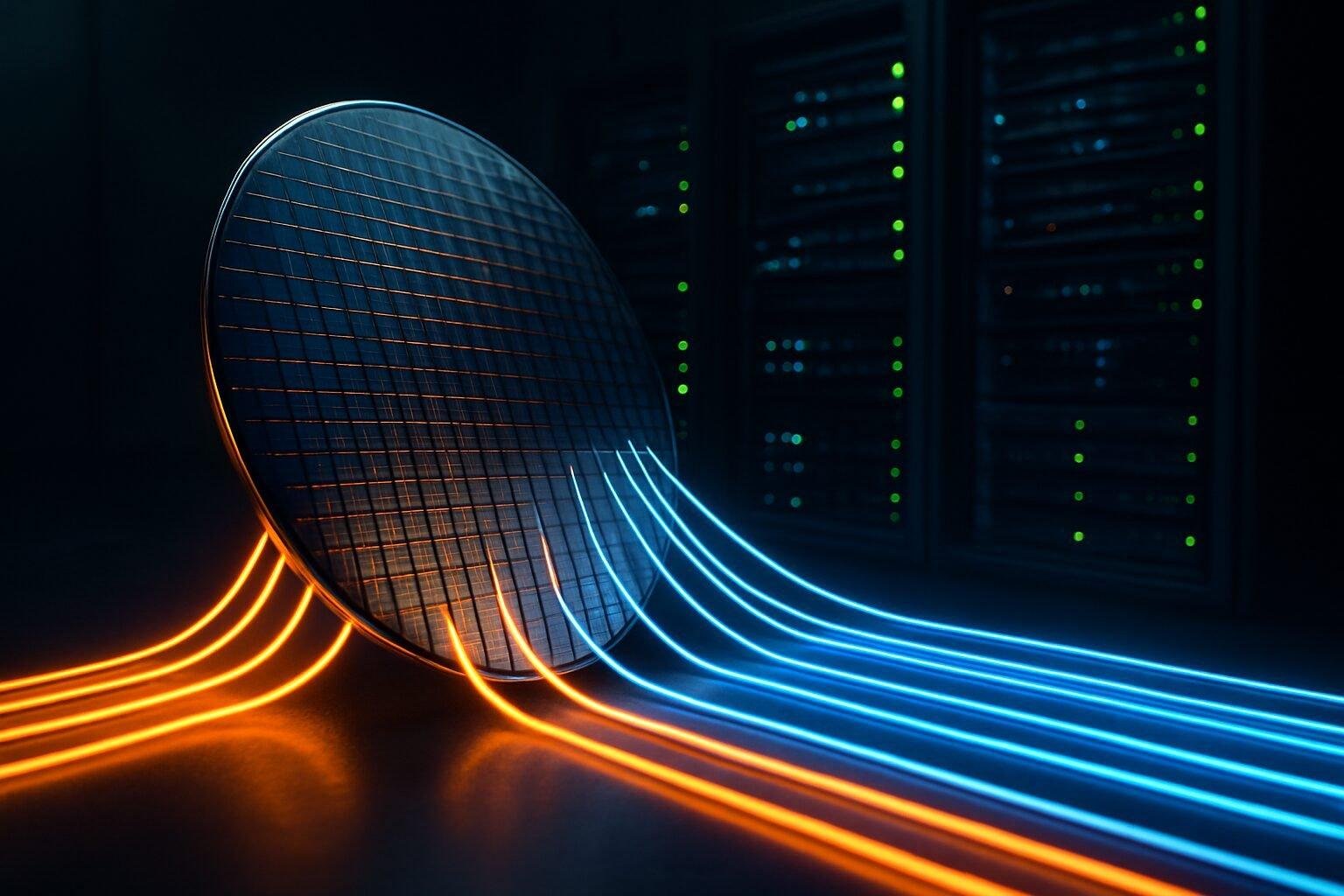 Editorial visual showing semiconductor wafer transitioning into data-center racks, symbolizing Micron shift from Crucial to AI memory.