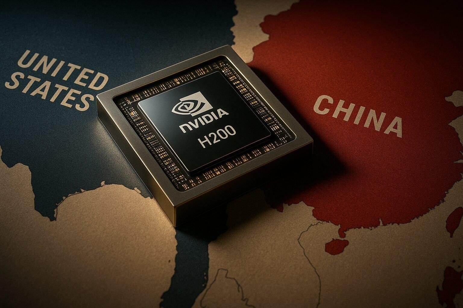 High-detail image of an NVIDIA H200 chip overlaying a split US-China map, representing new export approval and global AI strategy shift.