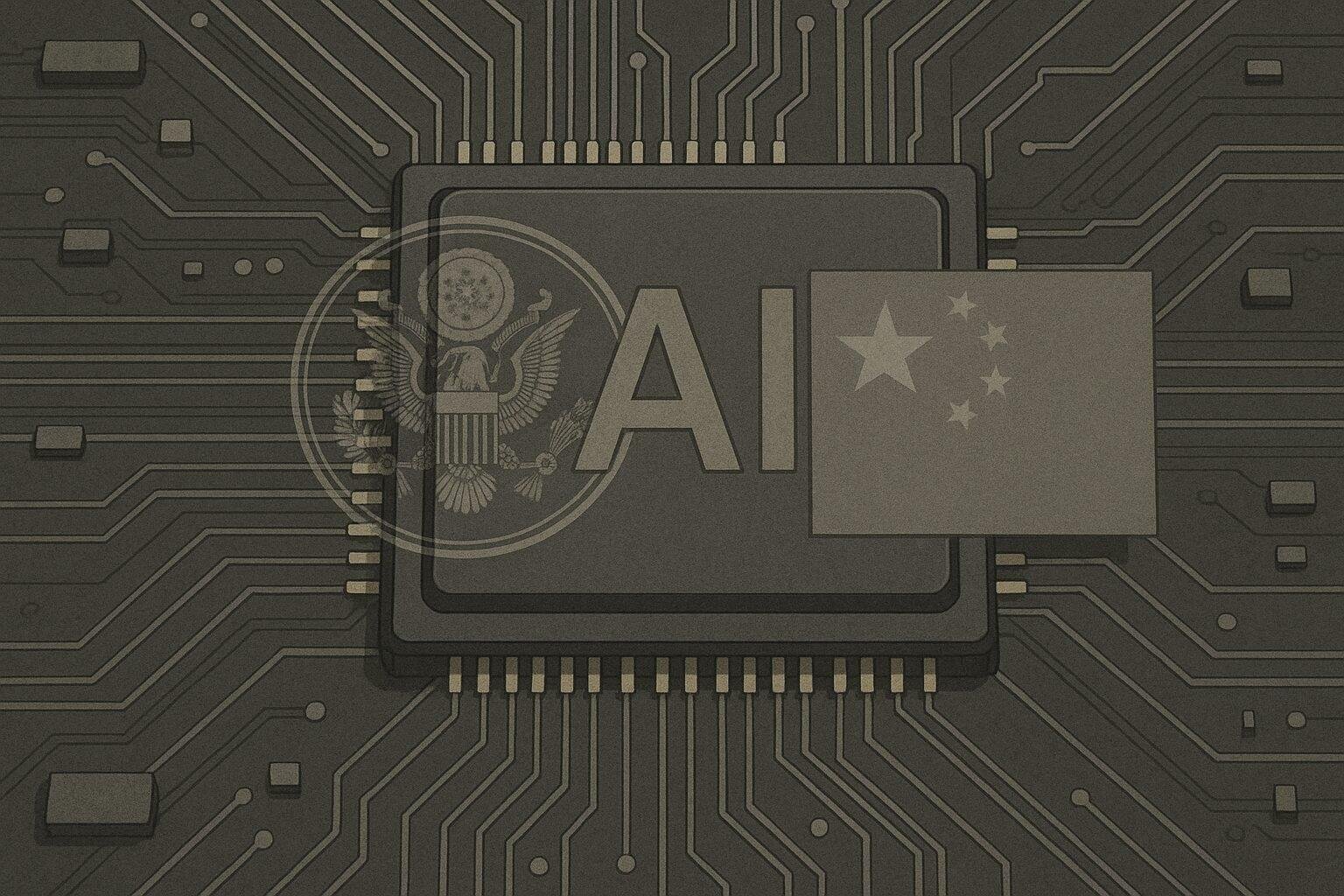 Editorial illustration showing Nvidia AI chips under U.S. export control scrutiny related to China.