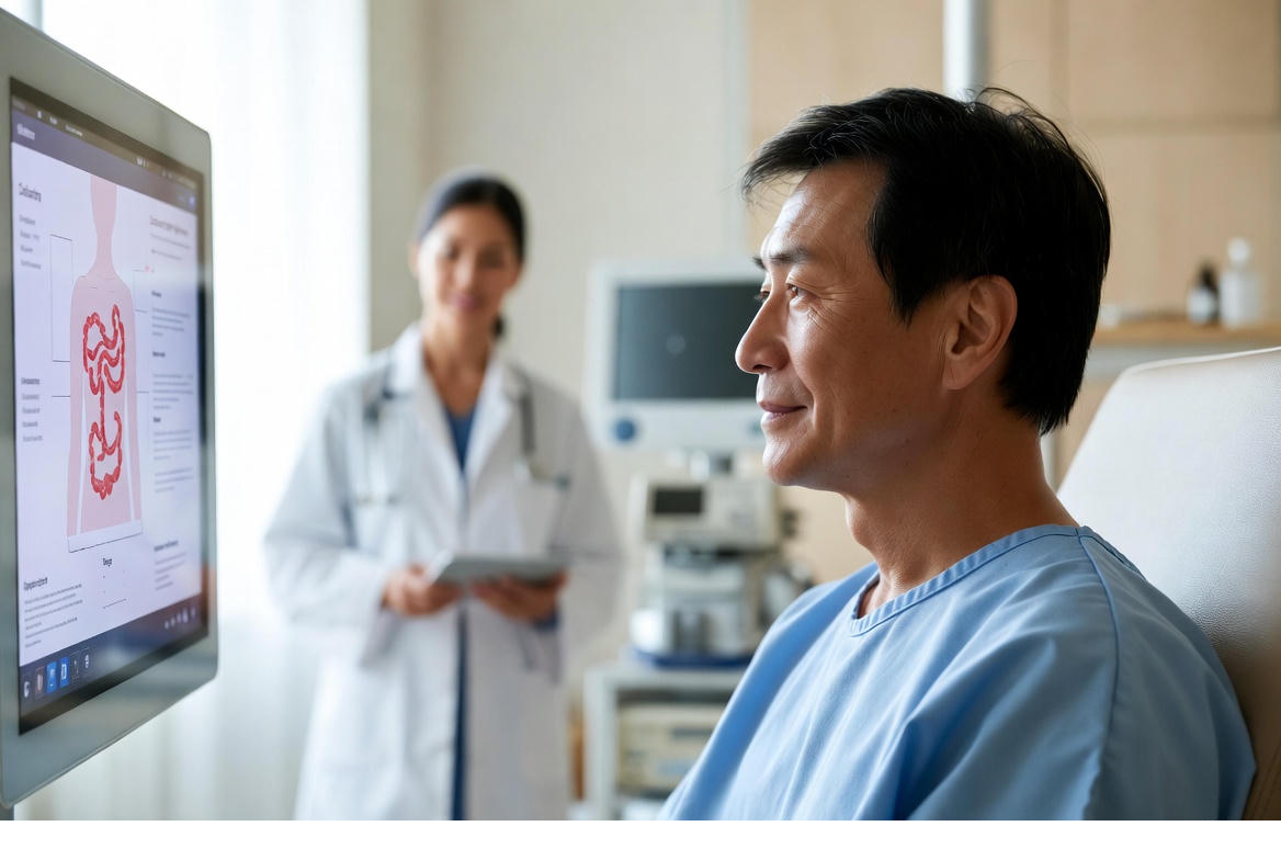 A calm, modern healthcare setting with a patient reviewing colorectal cancer information on a digital screen assisted by AI.