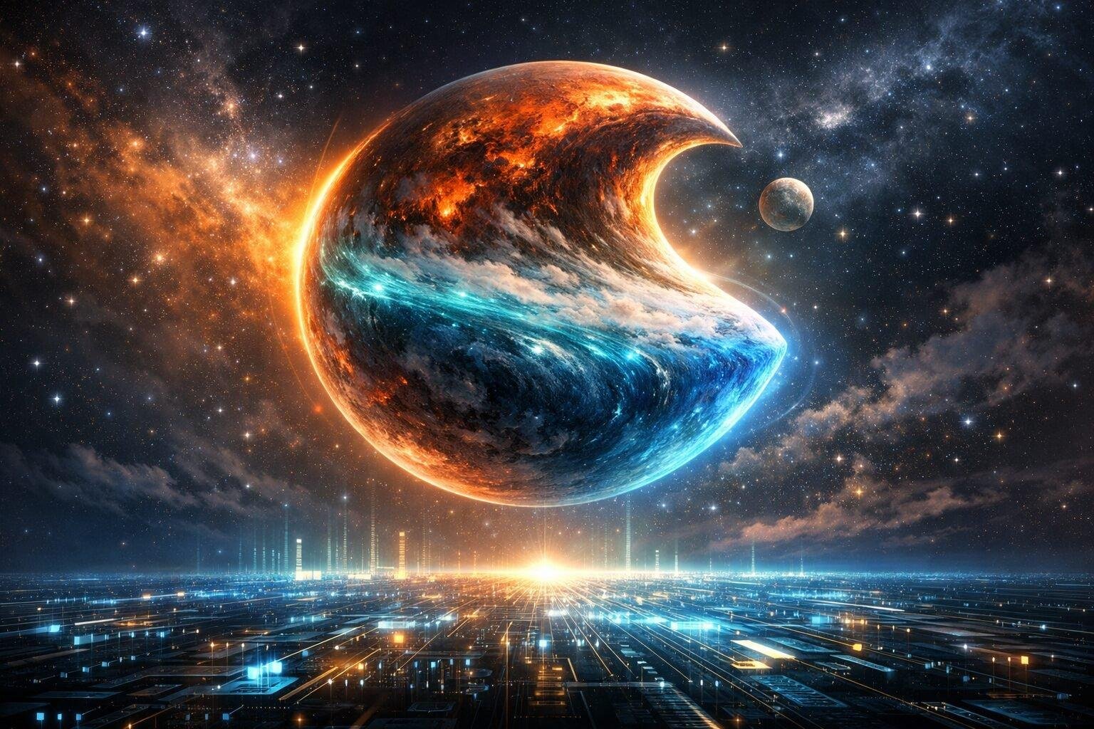 A surreal, ultra-detailed illustration of an unusually shaped exoplanet with asymmetric curves and glowing atmospheres, floating above a futuristic digital horizon symbolizing artificial intelligence, with soft cosmic light, realistic textures, and a sense of discovery.