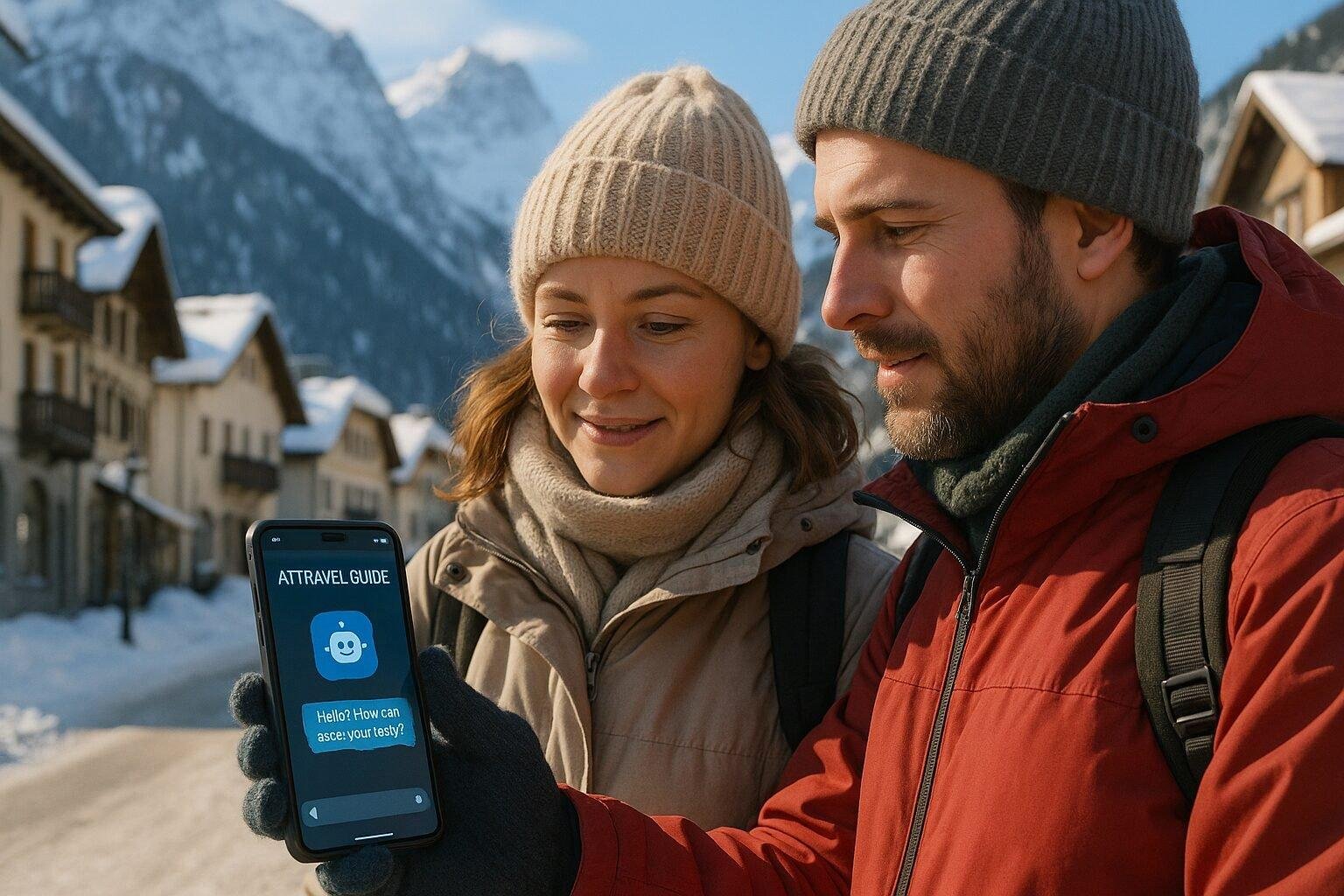 Tourists using AI travel guide app in Snowmass for personalized trip planning.