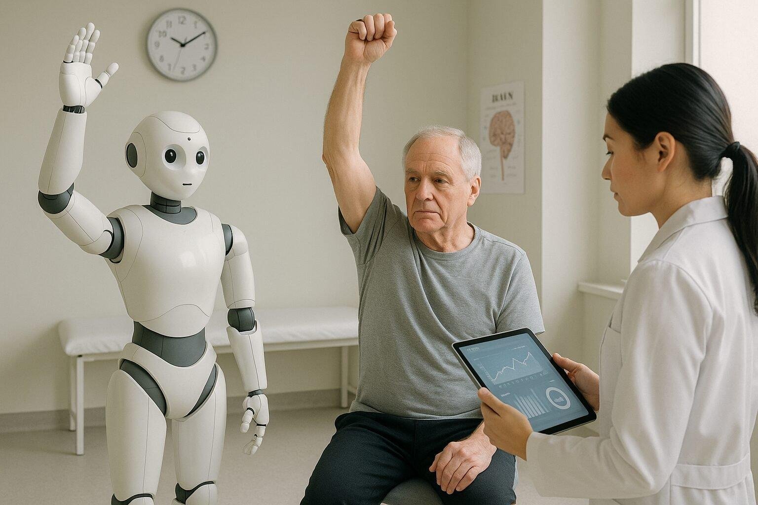 A calm clinical environment where a humanoid social robot assists a neurological patient with guided rehabilitation exercises, while a clinician monitors progress digitally.