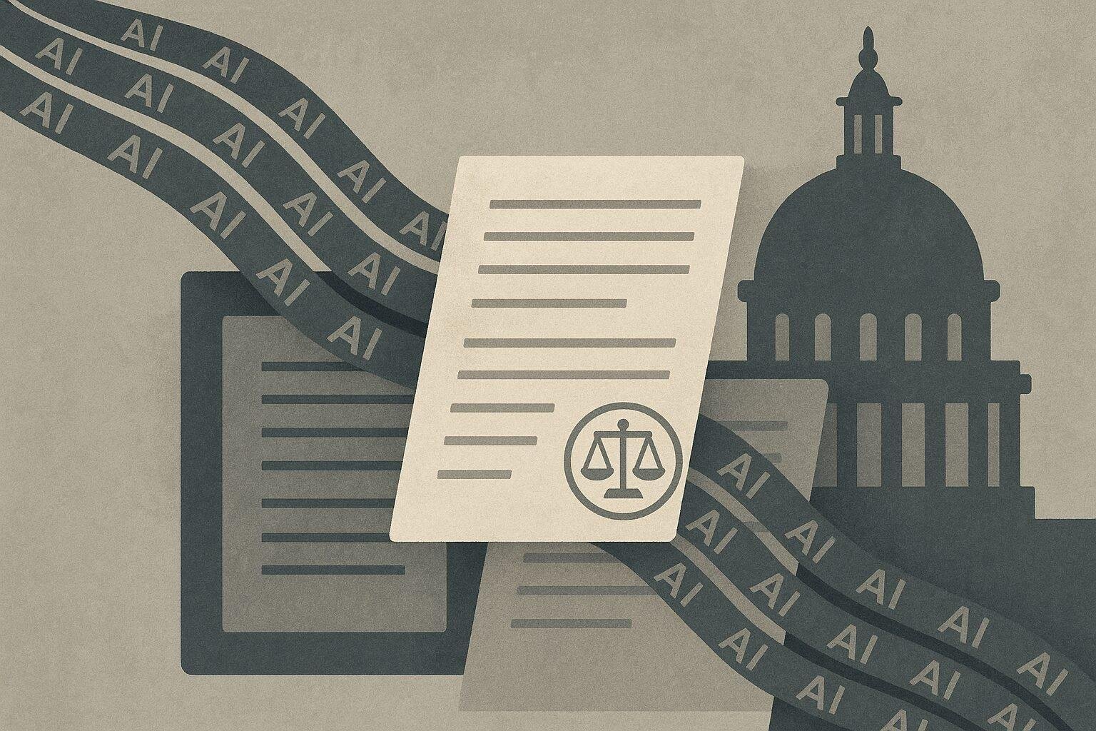 Editorial illustration representing U.S. state oversight of AI-generated outputs from major tech companies.