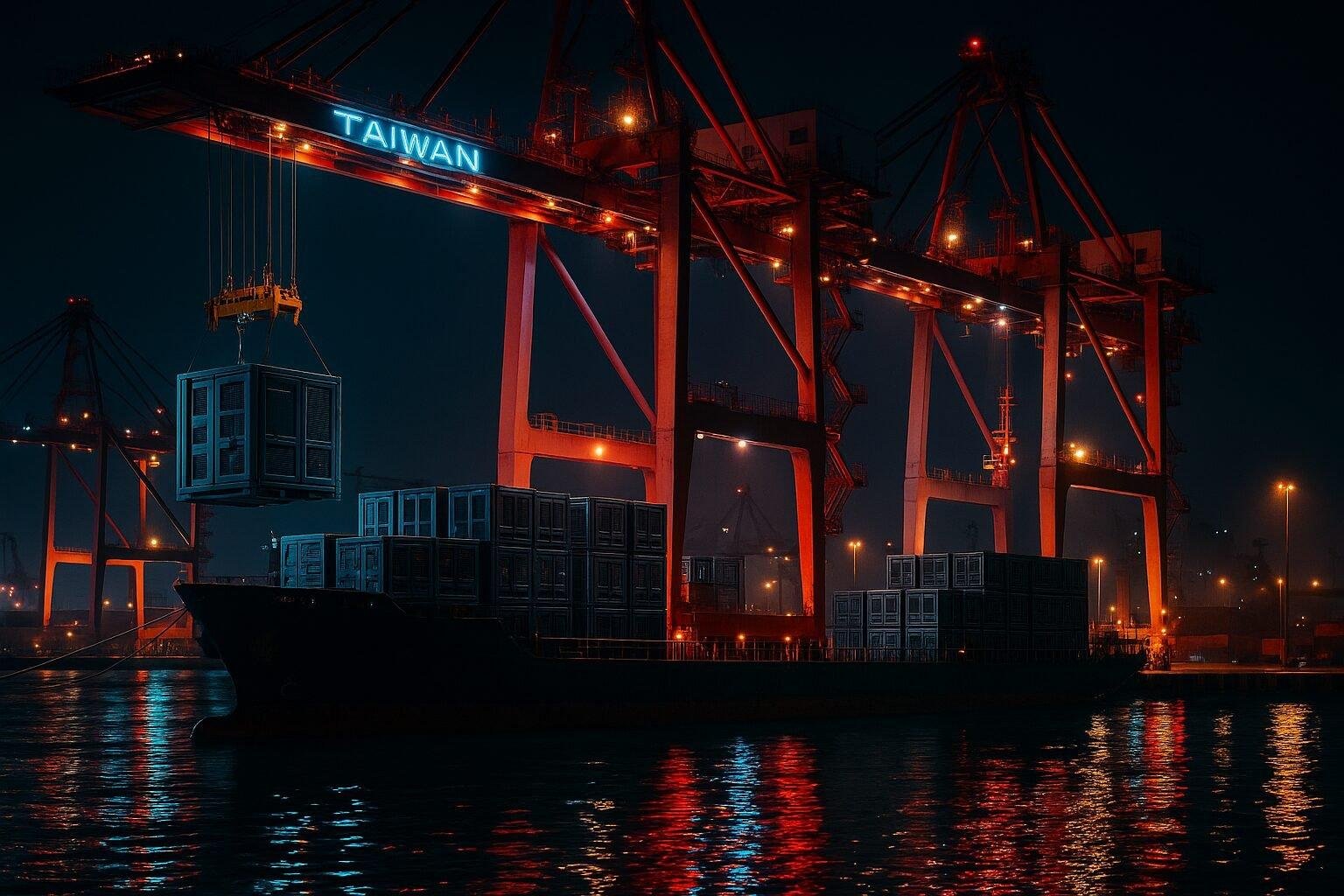 High-detail night port in Taiwan with AI hardware cargo containers being loaded for export, cranes and neon light reflections.