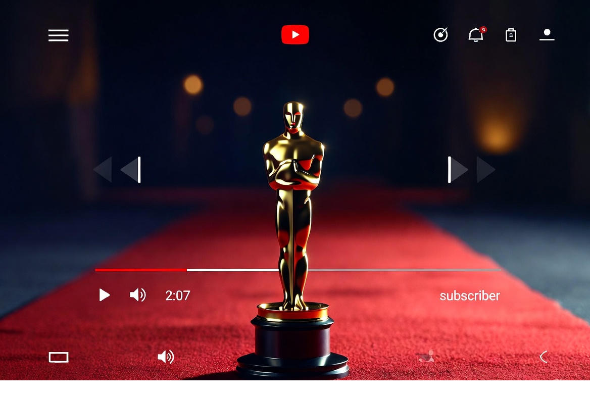 A cinematic red carpet scene blending into a modern YouTube live-stream interface, with the Oscar statuette illuminated against a digital backdrop.
