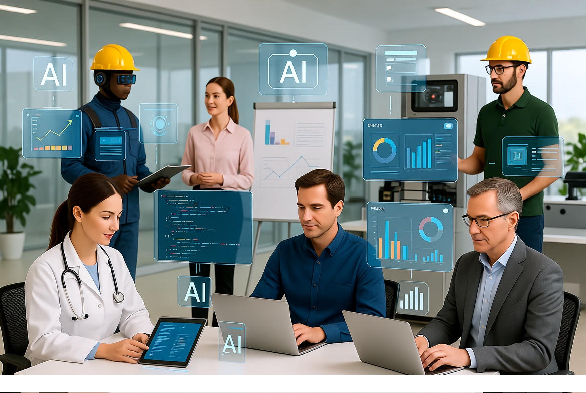 A high-resolution editorial illustration showing professionals from healthcare, software development, finance, marketing, and manufacturing working alongside AI systems, dashboards, and digital assistants.