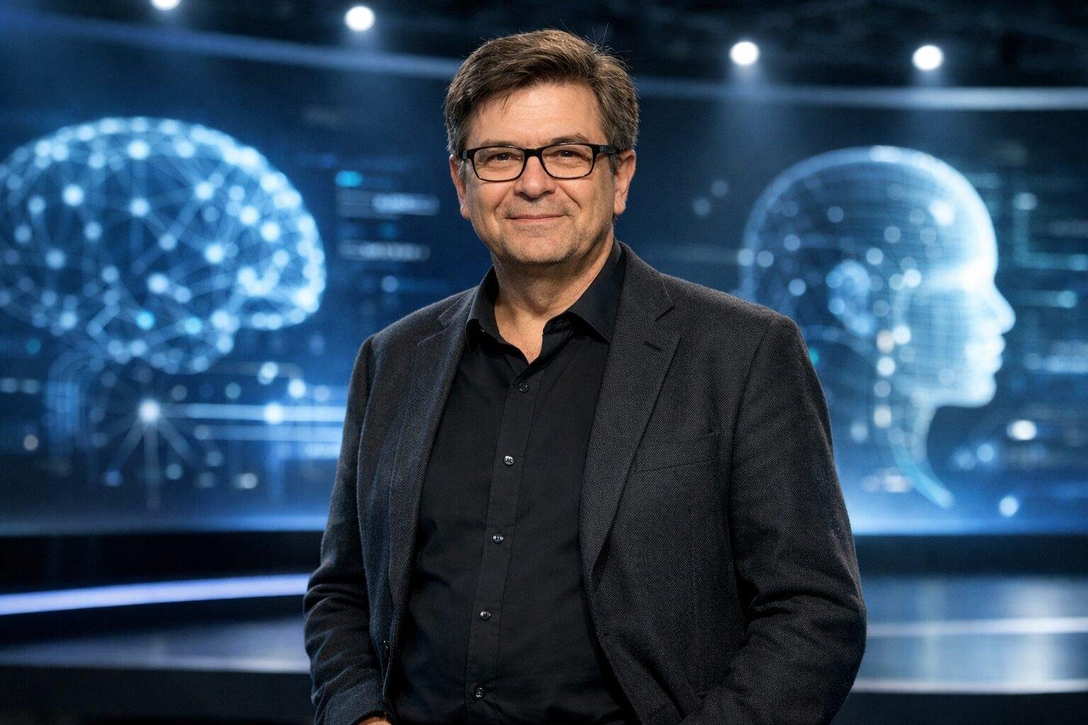 Photorealistic portrait of Yann LeCun standing on a modern tech stage, subtle holographic AI visuals in the background, clean corporate lighting, futuristic but professional atmosphere, high resolution, cinematic depth of field