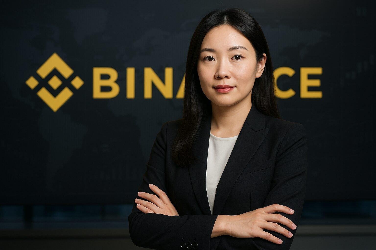 Editorial portrait of Binance co-CEO Yi He, positioned against digital finance-themed background, representing leadership transition and market growth.