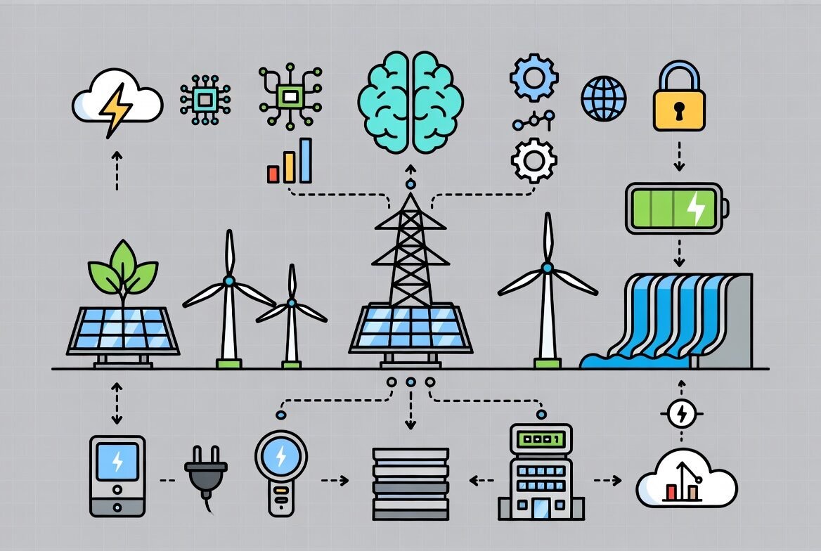Illustration showing AI stabilizing a renewable energy grid