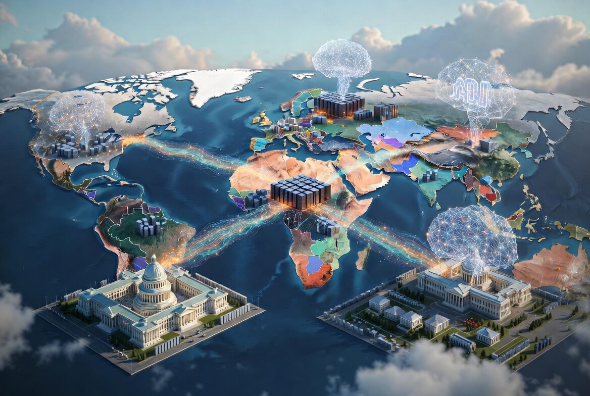 Illustration showing nations building sovereign AI infrastructure and foundation models