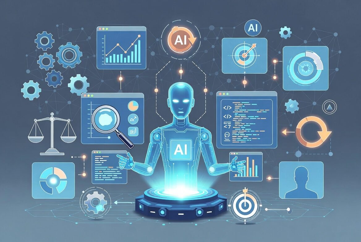 Illustration showing AI agents planning, executing, and interacting with digital tools