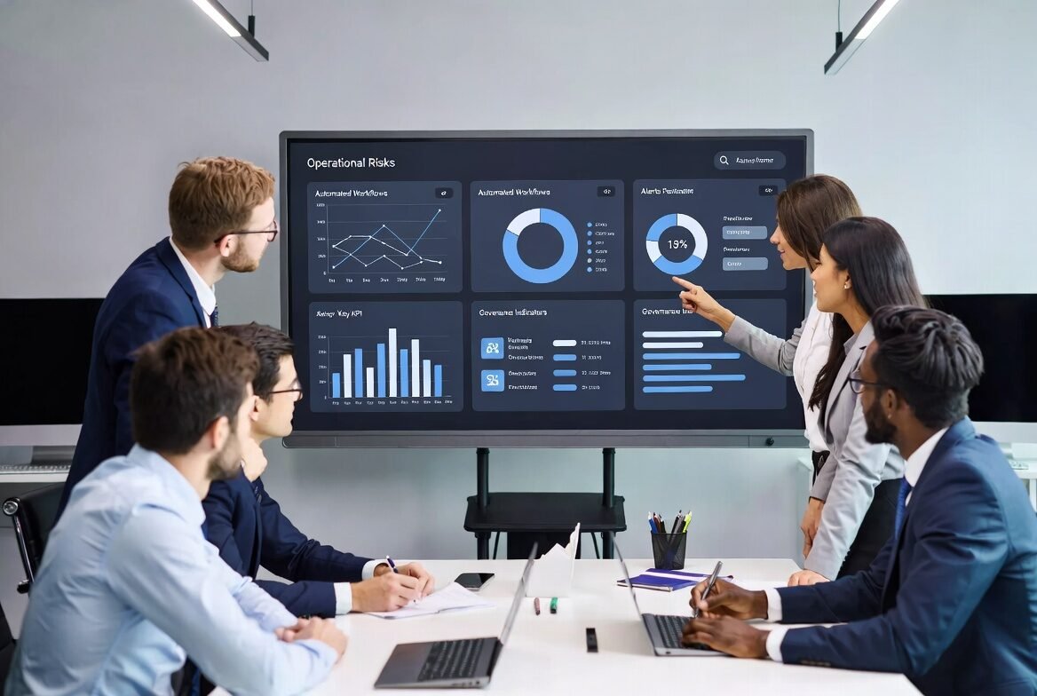A boardroom-style executive setting with leaders reviewing a real-time operational risk dashboard. Automated workflows, alerts, and governance indicators visualized as clean digital layers.