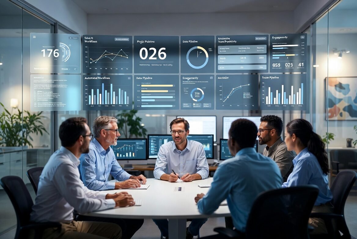 A modern executive workspace with a small leadership team reviewing a unified digital operations dashboard.