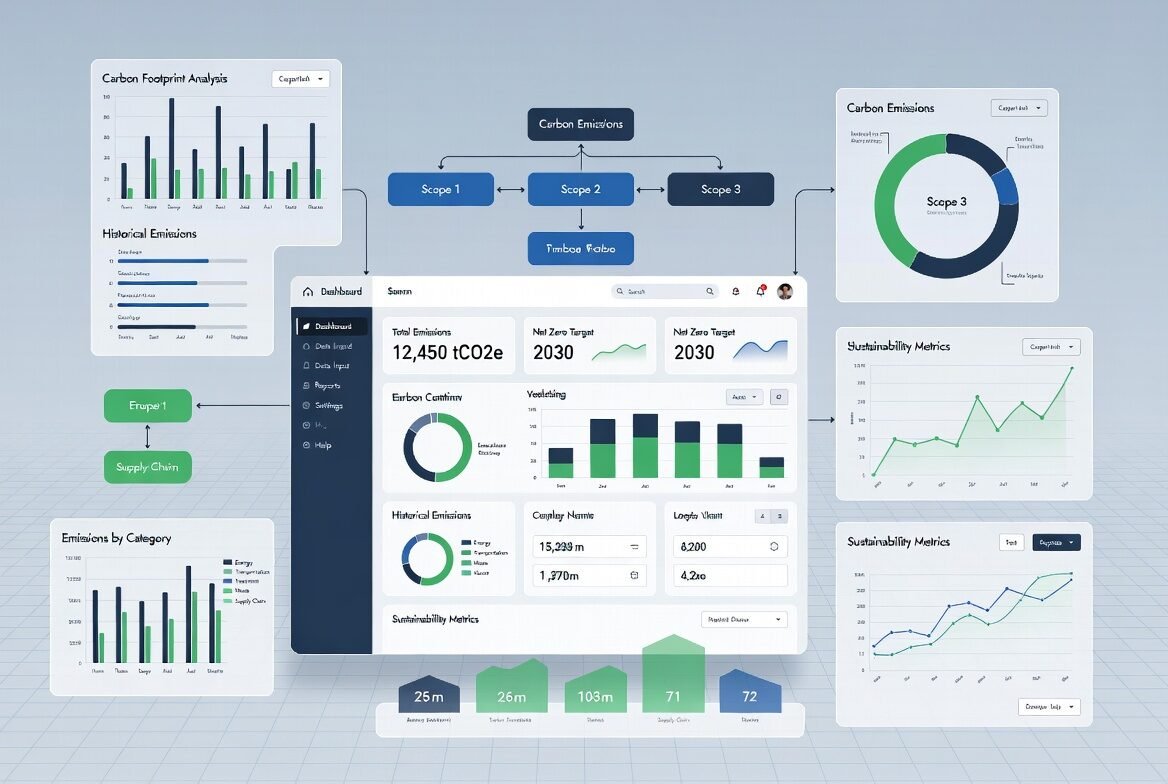 Dashboard visualizing enterprise carbon emissions across Scope 1, 2, and 3