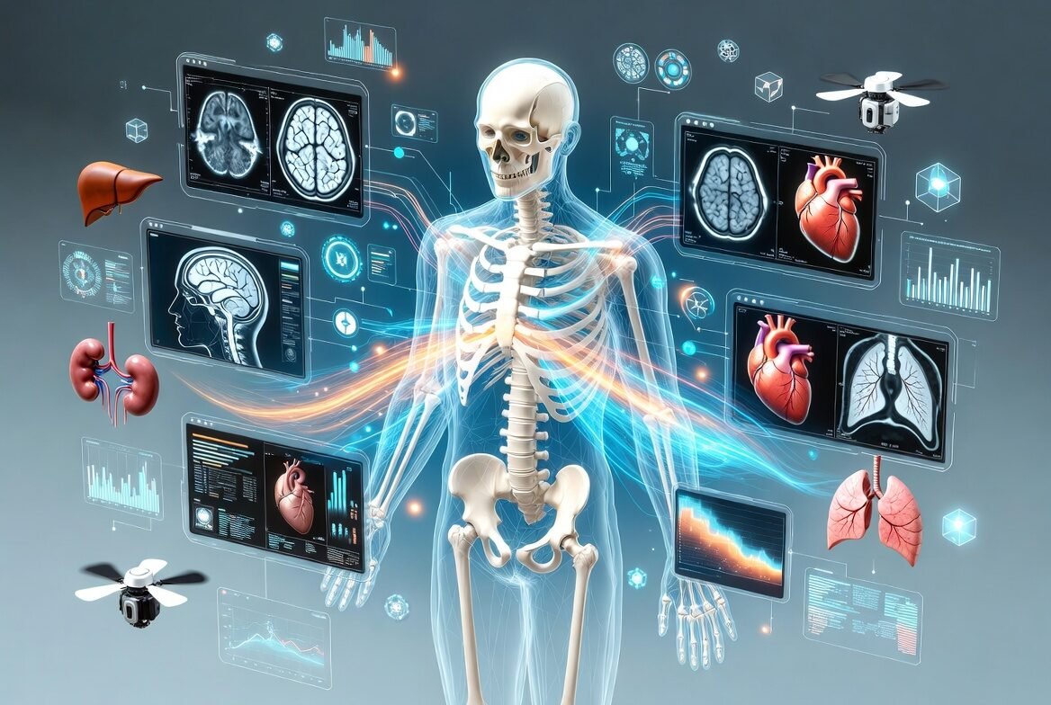 Illustration showing a virtual human model used for medical simulation