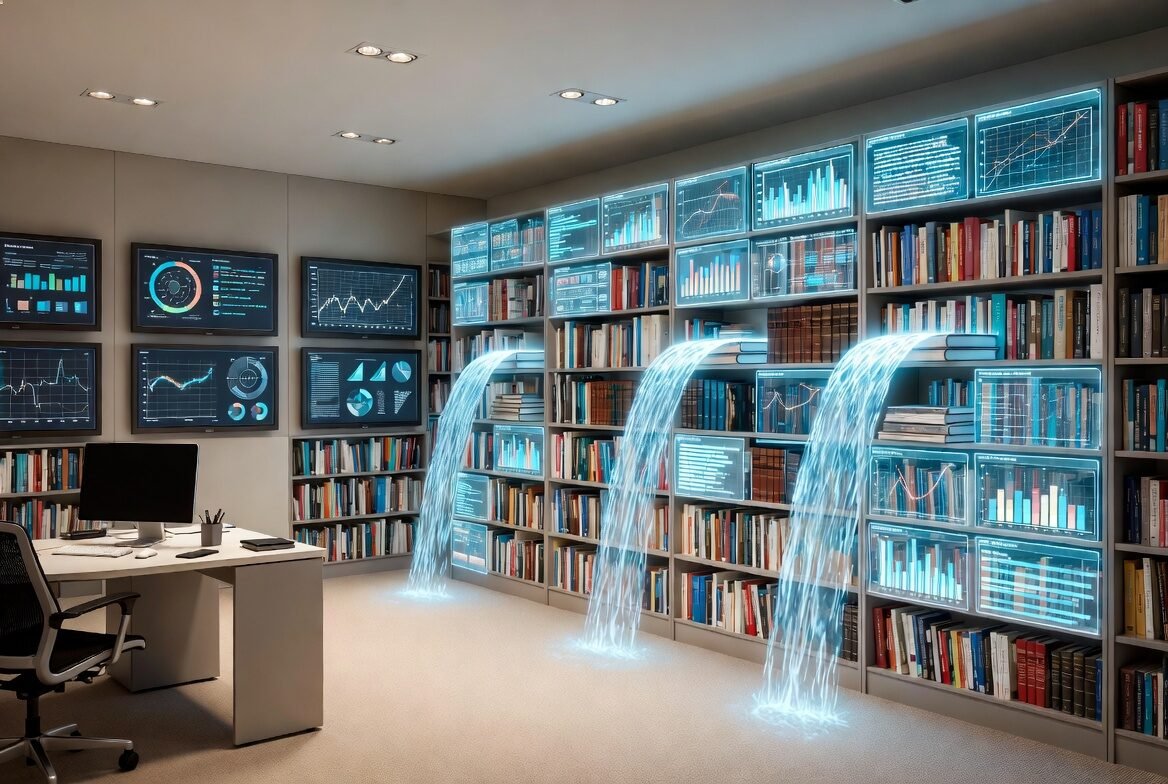 A modern corporate library transforming into a digital AI interface, books dissolving into streams of data, holographic dashboards replacing shelves, minimalist corporate environment, neutral lighting, futuristic but realistic tone