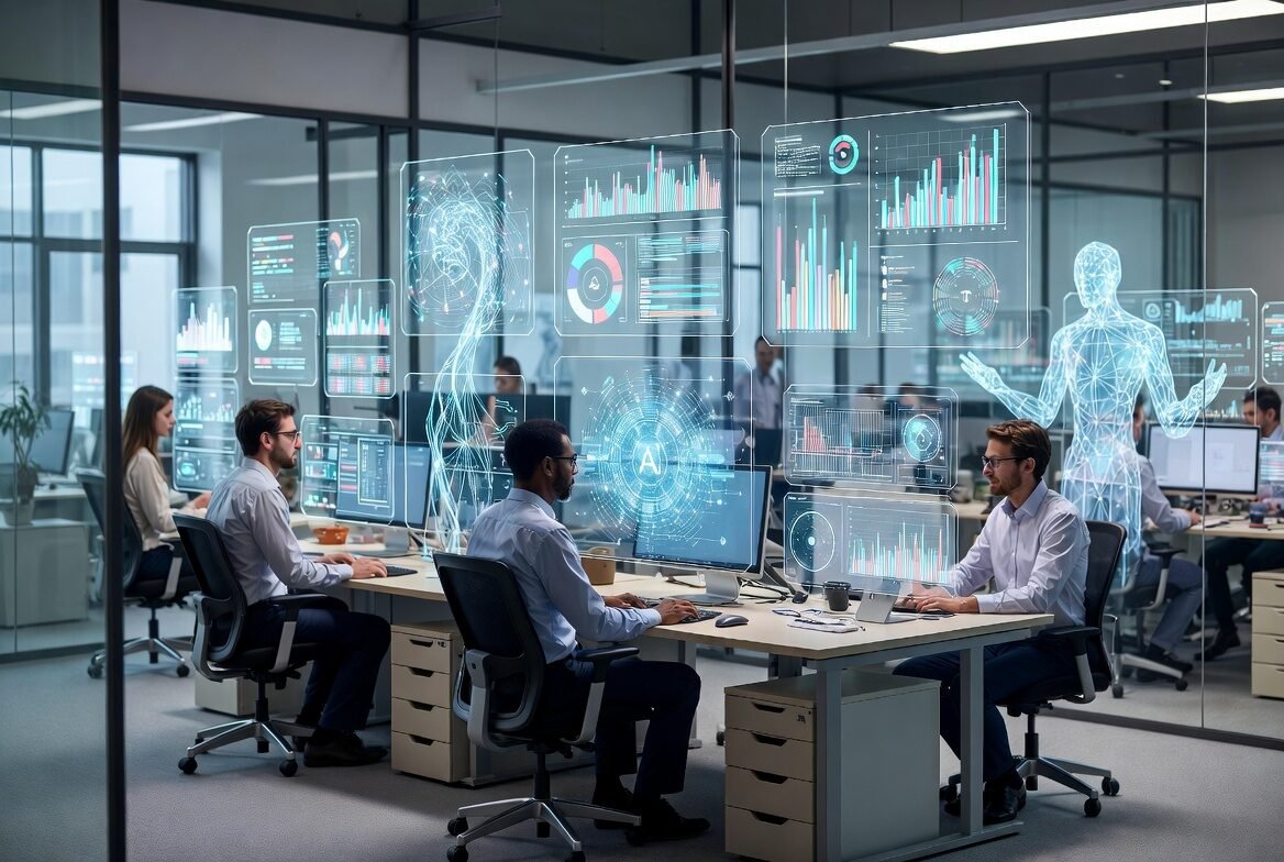 Illustration showing human professionals collaborating with AI systems in a modern enterprise workplace.