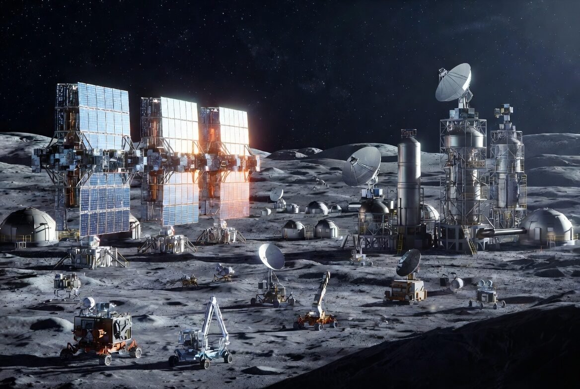Illustration showing power, communications, and habitats on the Moon