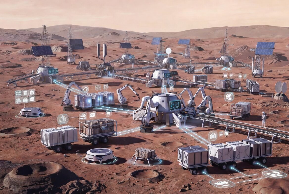 Illustration showing autonomous logistics and infrastructure on Mars