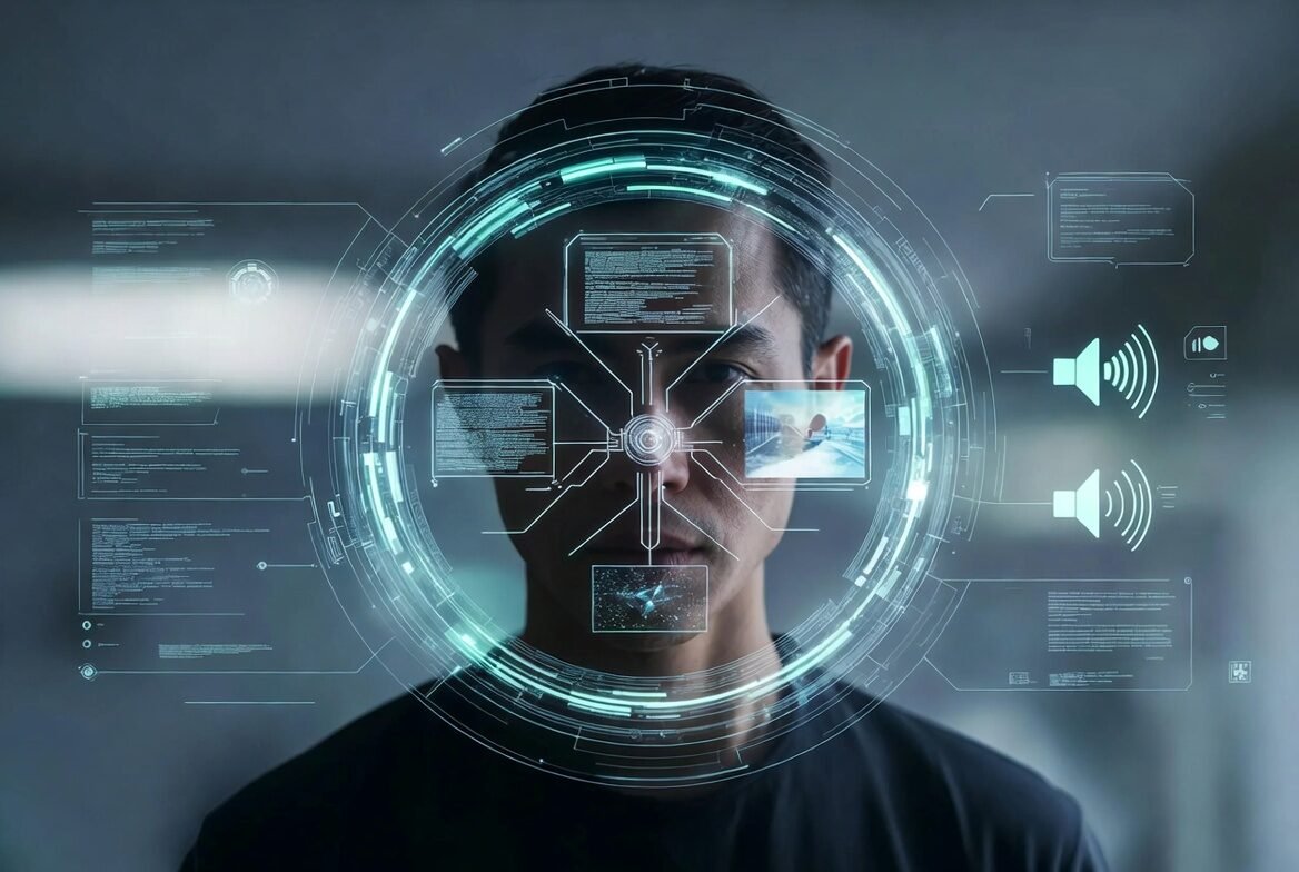 Illustration showing a human interacting with an AI system using voice, vision, and text simultaneously