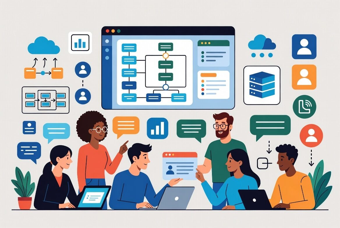 Illustration showing non-developers building software using AI-powered no-code tools