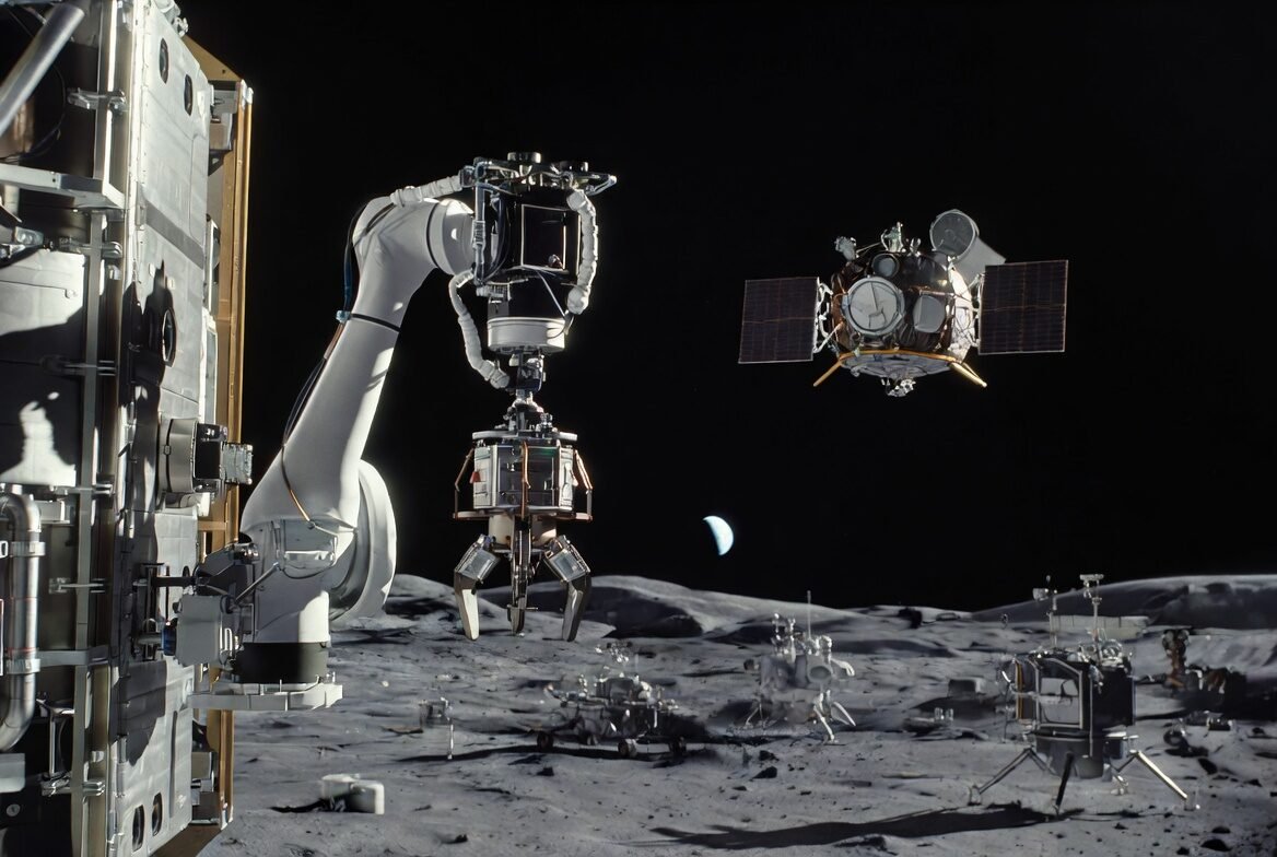 Illustration showing robots assembling and servicing space infrastructure