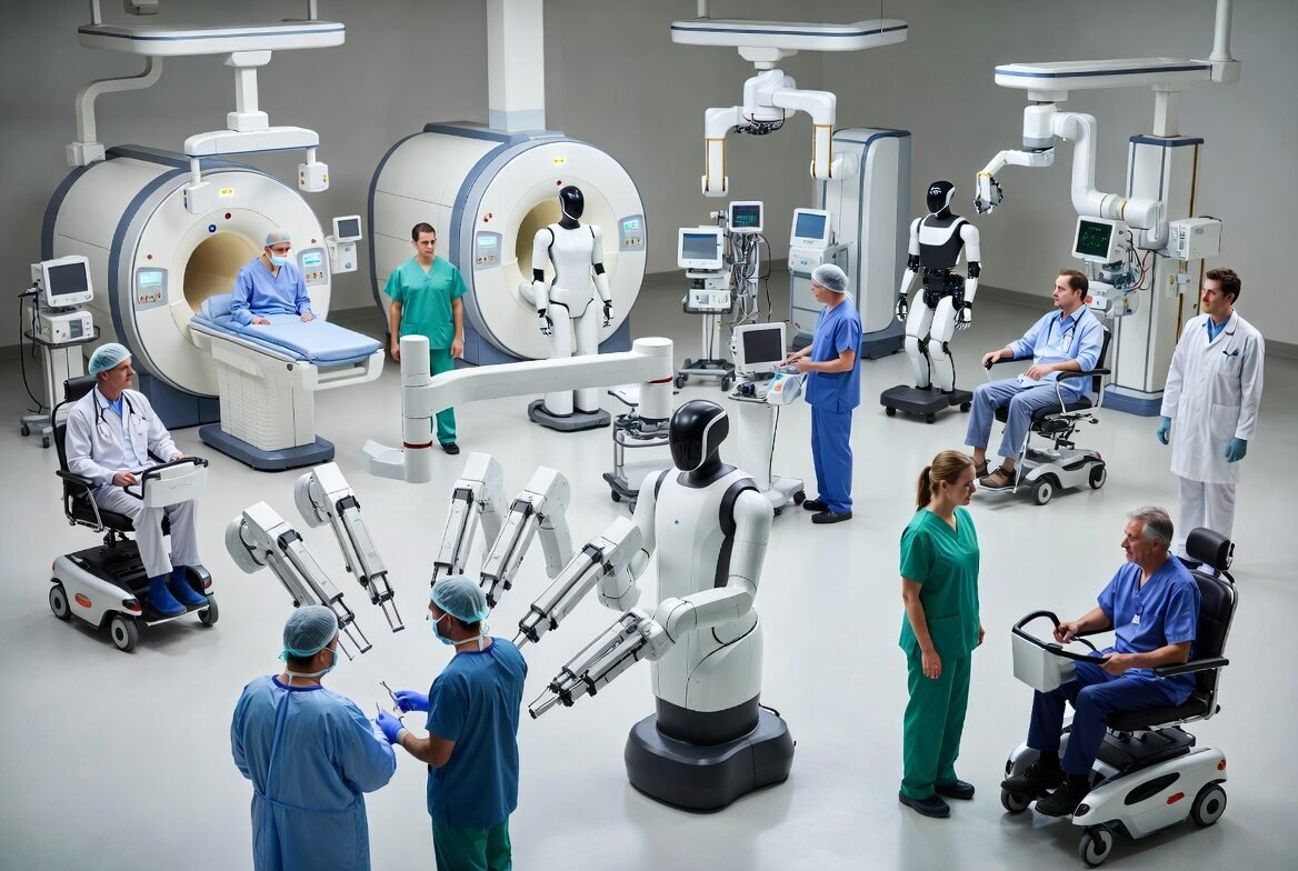 Illustration showing robots assisting surgery and patient care in hospitals