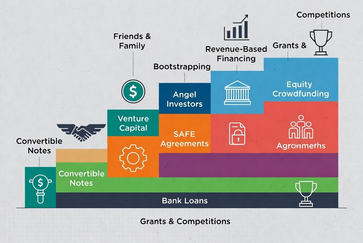 Startup capital stack showing equity, debt, and revenue-based financing layers