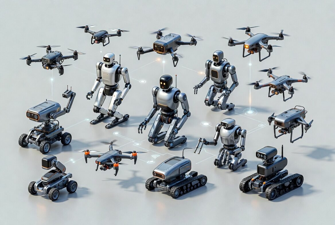 Illustration showing multiple robots coordinating as a swarm