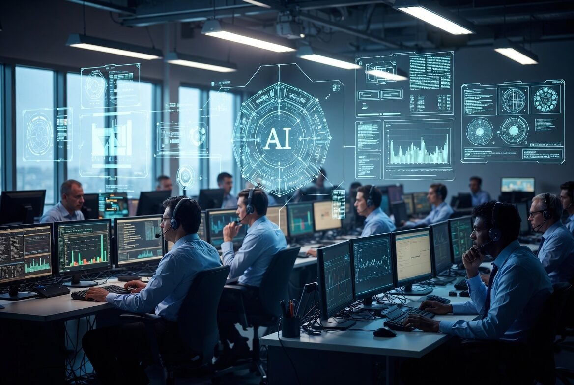 Enterprise leaders analyzing AI-driven insights on large digital dashboards.