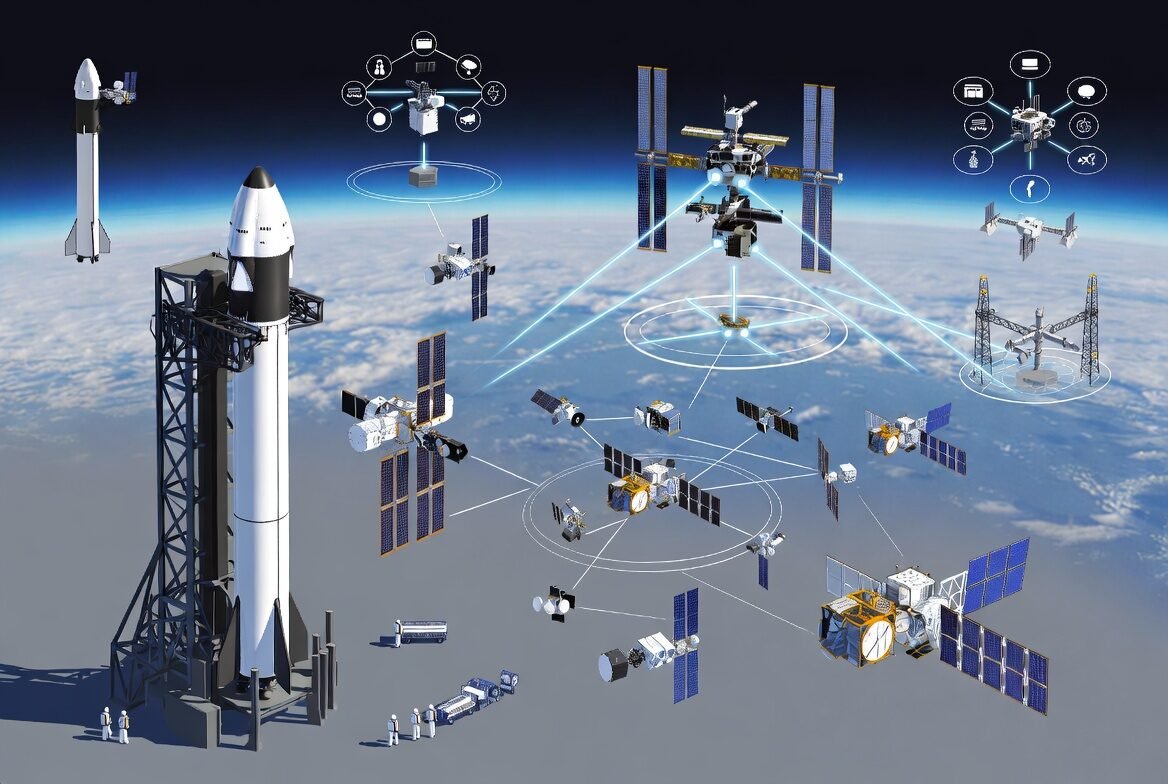 Illustration showing reusable rockets, satellite constellations, and space platforms