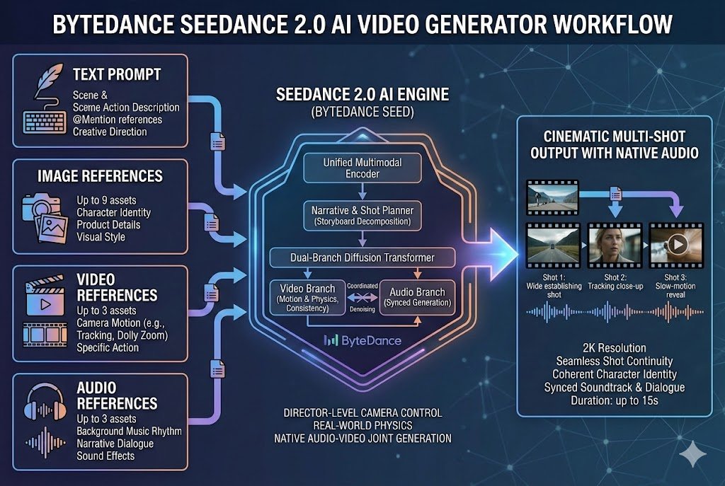 Seedance 2.0 AI video generator workflow showing how text prompts, image references, video inputs, and audio files generate cinematic multi-shot AI video
