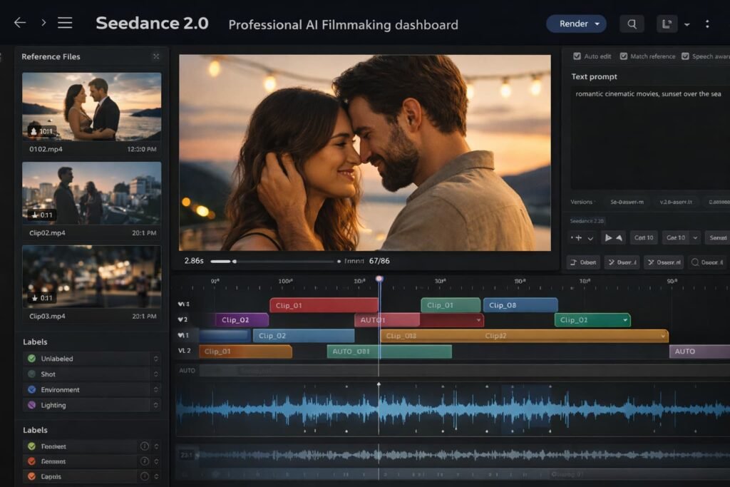 Advanced AI video generator dashboard showing timeline preview and multimodal reference controls