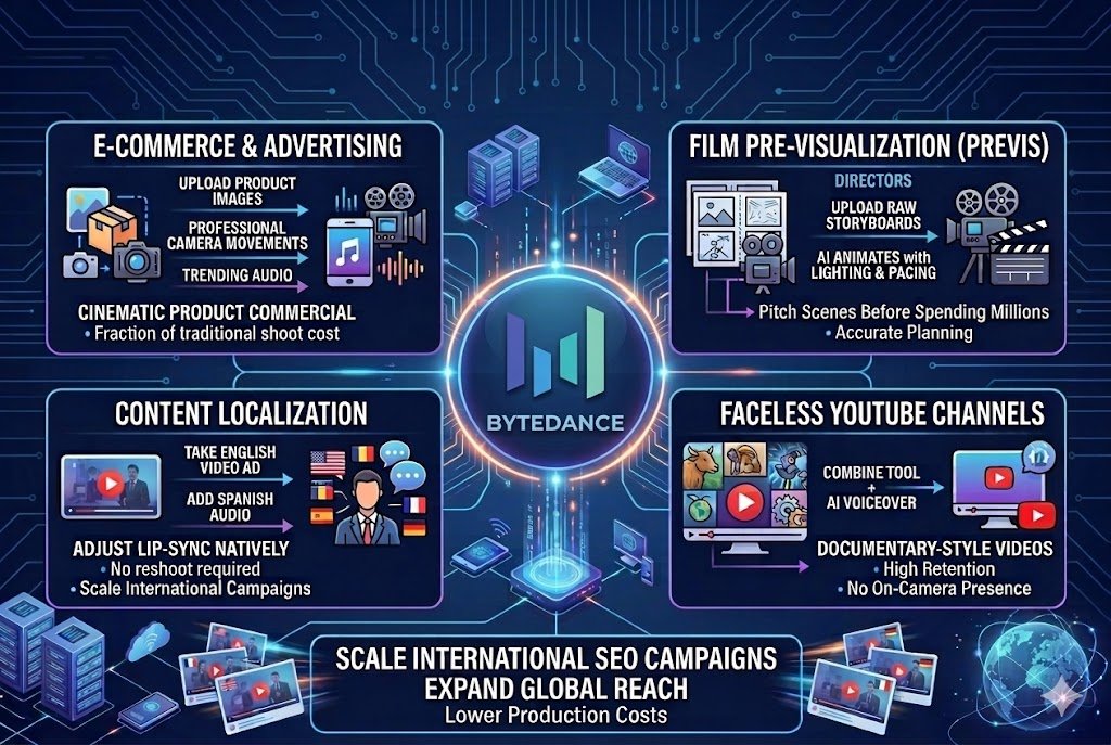 Infographic showing Seedance 2.0 AI video generator use cases including e-commerce ads, film pre-visualization, content localization, and faceless YouTube channels