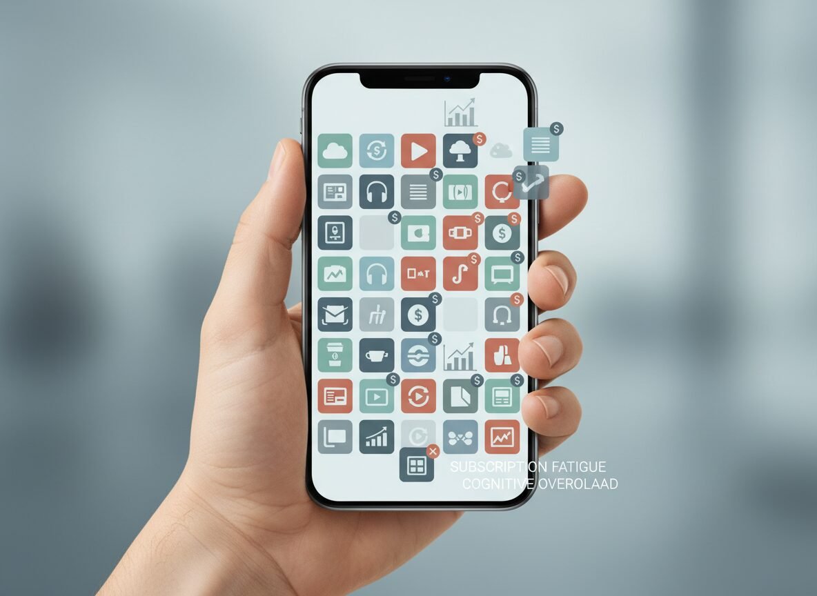 User overwhelmed by multiple app subscriptions on a smartphone