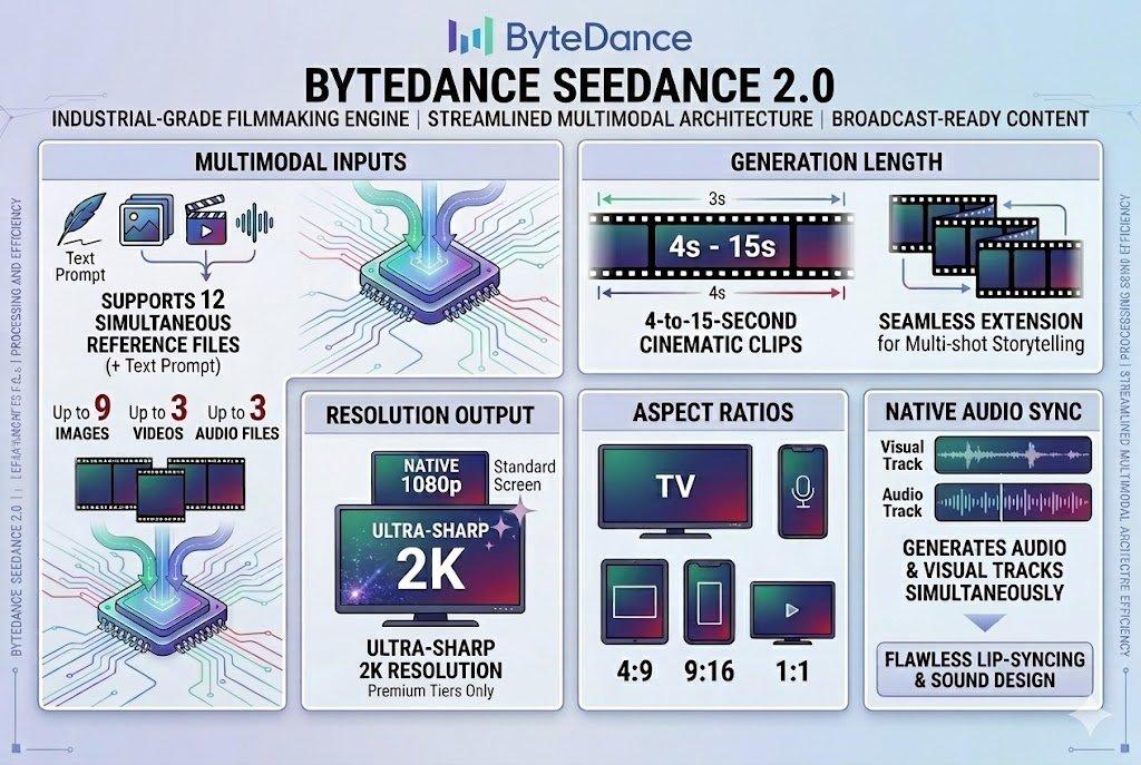 Infographic showing Seedance 2.0 AI video generator technical specifications including resolution duration inputs and formats