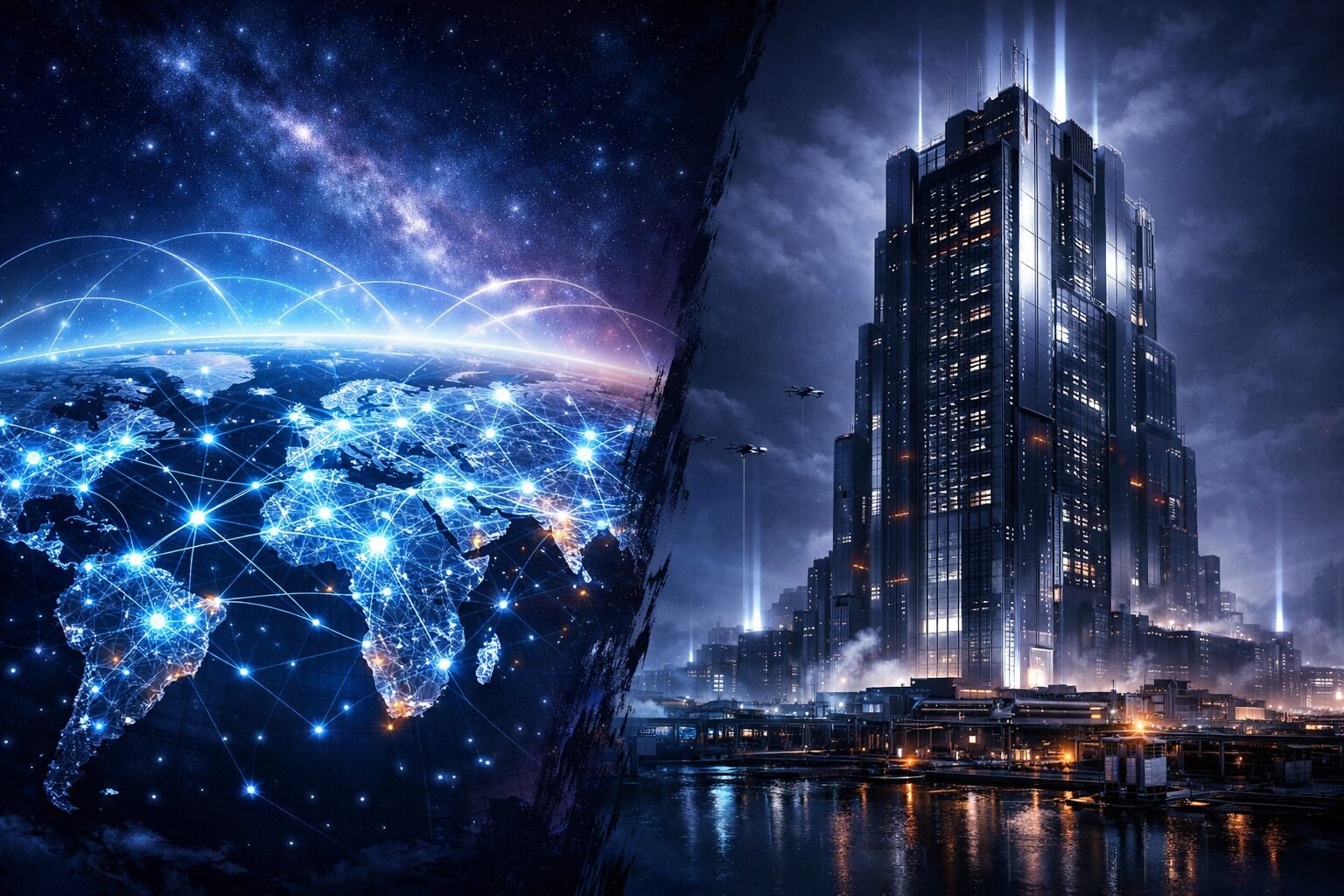 Illustration comparing decentralized open-source AI networks with centralized closed AI data centers.